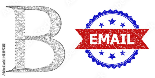 Crossing mesh Beta Greek letter wireframe illustration, and bicolor scratched Email seal. Flat structure created from Beta Greek letter symbol and crossed lines.