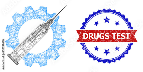 Mesh net vaccine industry carcass icon, and bicolor grunge Drugs Test seal. Flat model created from vaccine industry icon and crossed lines. Vector seal with distress bicolored style,