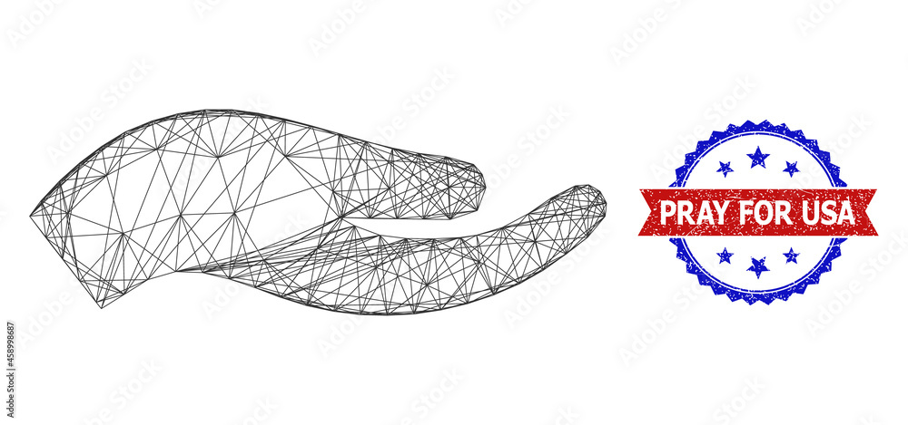 Mesh net petition hand model illustration, and bicolor unclean Pray for USA seal stamp. Flat mesh created from petition hand icon and intersected lines. Vector watermark with unclean bicolored style, Mesh net petition hand model illustration, and bicolor unclean Pray for USA seal stamp. Flat mesh created from petition hand icon and intersected lines. Vector watermark with unclean bicolored style,