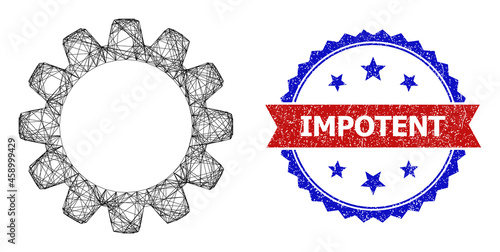 Crossing mesh cog model illustration, and bicolor scratched Impotent watermark. Flat model created from cog icon and intersected lines. Vector watermark with distress bicolored style,