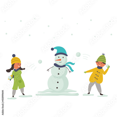 Children playing snowballs with the snowman