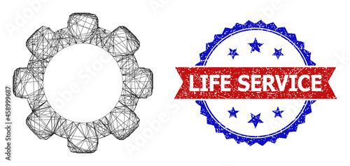Mesh net gearwheel carcass illustration, and bicolor dirty Life Service watermark. Flat carcass created from gearwheel icon and crossed lines. Vector watermark with scratched bicolored style,