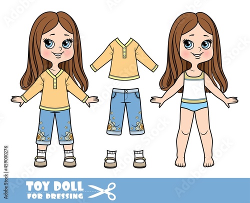 Cartoon girl with straight hair dressed and clothes separately - long sleeve linen tunic, embroidered denim breeches, sandals doll for dressing