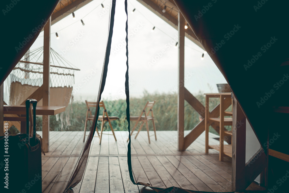 Two chair in terrace. Luxury tent. Nature landscape Two chair in terrace. Luxury tent. Nature landscape