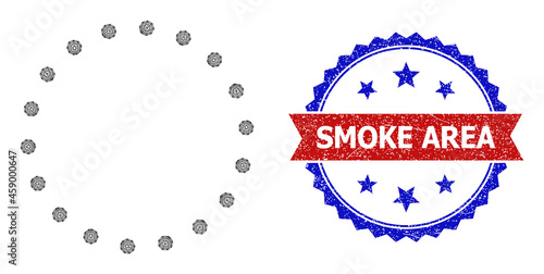 Net dotted circle frame model icon, and bicolor grunge Smoke Area seal stamp. Flat mesh created from dotted circle frame icon and crossed lines. Vector watermark with grunge bicolored style,