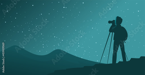 A man tourist photographs the starry sky. Silhouette on a night background. Vector illustration