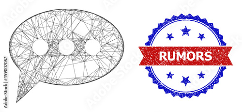 Net mesh forum message model icon, and bicolor rubber Rumors seal stamp. Flat model created from forum message pictogram and crossing lines. Vector seal with grunge bicolored style,