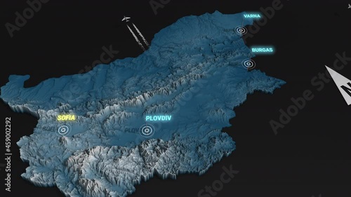 Seamless looping animation of the 3d terrain map at nighttime of Bulgaria with the capital and the biggest cites in 4K resolution photo