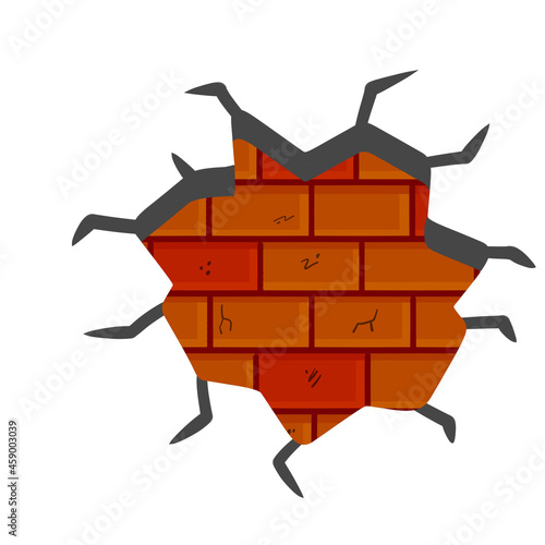 Broken plaster with cracks. Decoration and background element. Detail of house and hole in old building.