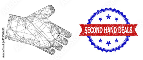 Crossing mesh hand framework icon, and bicolor grunge Second Hand Deals stamp. Flat structure created from hand symbol and crossing lines. Vector seal with corroded bicolored style,