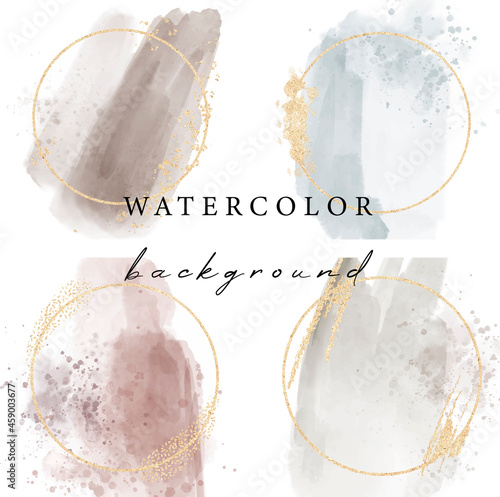 Vector watercolour backgrounds set on white background. Watercolor paint and gold circle frame.	