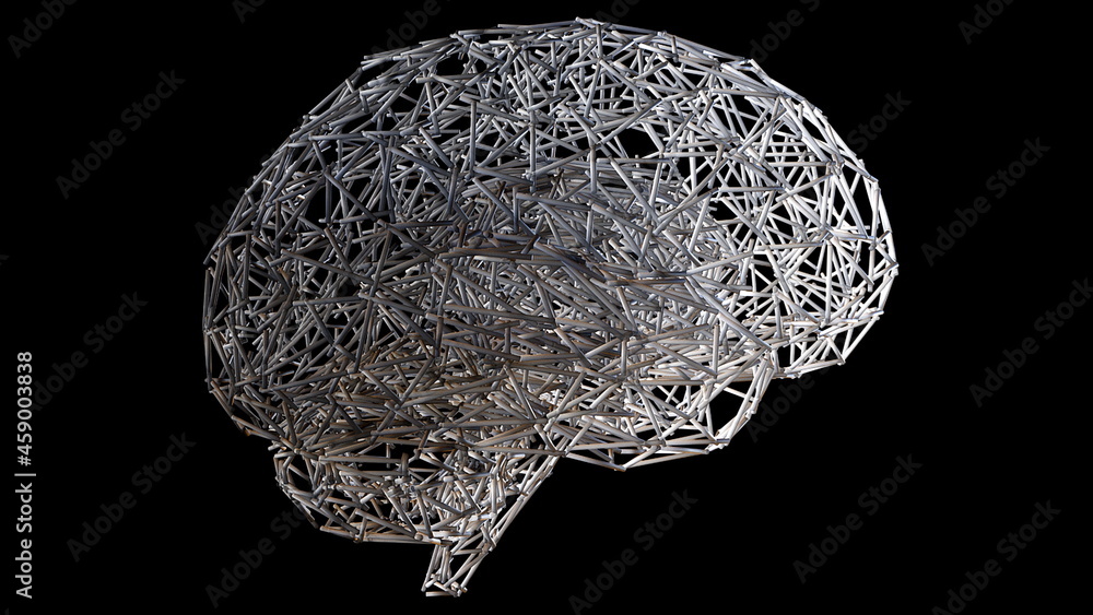 Computer generated artificial intelligence. 3d rendering of the shape of the human brain from a wireframe against the background of colored lights Computer generated artificial intelligence. 3d rendering of the shape of the human brain from a wireframe against the background of colored lights