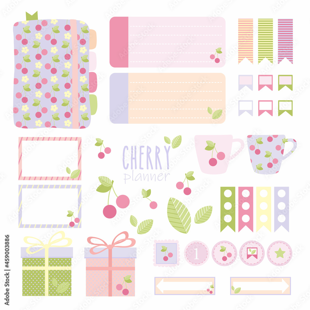 Templates for pages in the planner. Universal abstract layouts. Cherries with leaves, mug, gifts in pastel colors. Suitable for notebooks, planners, brochures, books, catalogs. Vector easilyresizable.