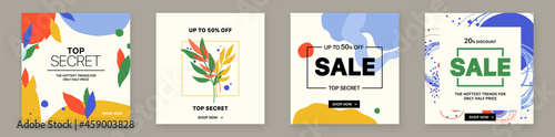 Design of advertising in social networks. Trendy abstract square art templates with floral and geometric elements. Use for social media posts, mobile apps, banners design.