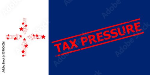 Mesh shrink arrows polygonal icon vector illustration, and red TAX PRESSURE rough stamp seal. Carcass model is based on shrink arrows flat icon, with stars and polygonal mesh.