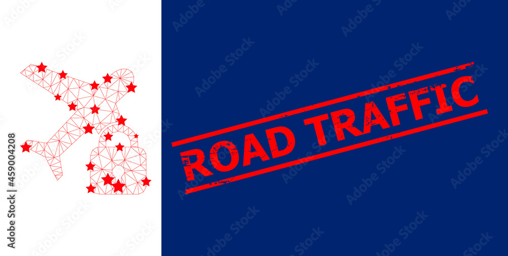 Mesh locked airplane polygonal 2d vector illustration, and red ROAD TRAFFIC rough stamp. Carcass model is created from locked airplane flat icon, with stars and triangular mesh. Mesh locked airplane polygonal 2d vector illustration, and red ROAD TRAFFIC rough stamp. Carcass model is created from locked airplane flat icon, with stars and triangular mesh.