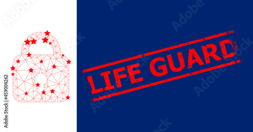 Mesh lock polygonal 2d vector illustration, and red LIFE GUARD rubber print. Carcass model is based on lock flat icon, with stars and triangular mesh.