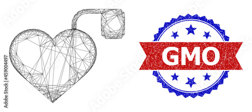 Net mesh pacemaker model illustration, and bicolor scratched GMO seal stamp. Flat mesh created from pacemaker icon and crossing lines. Vector watermark with scratched bicolored style,