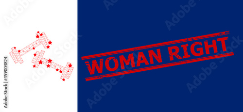 Mesh barbells polygonal 2d vector illustration, and red WOMAN RIGHT grunge stamp. Carcass model is based on barbells flat icon, with stars and triangular mesh.