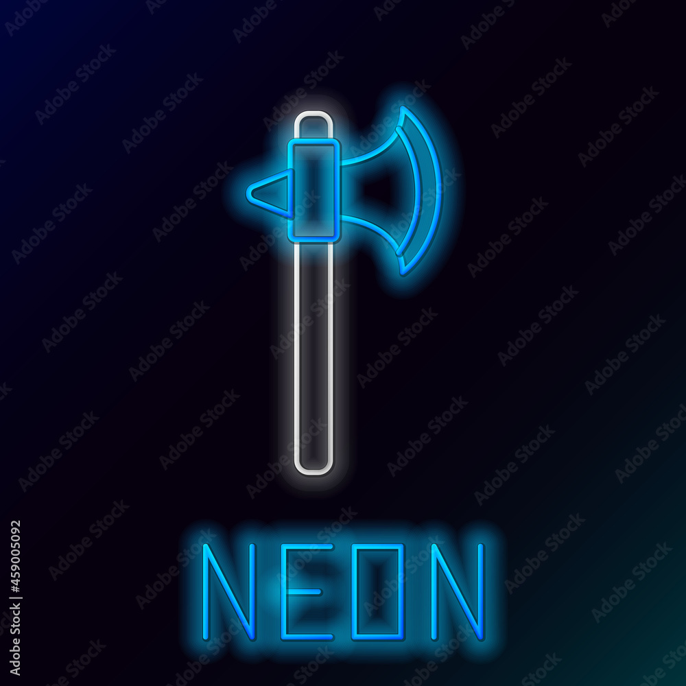 Glowing neon line Medieval axe icon isolated on black background. Battle axe, executioner axe. Colorful outline concept. Vector Glowing neon line Medieval axe icon isolated on black background. Battle axe, executioner axe. Colorful outline concept. Vector