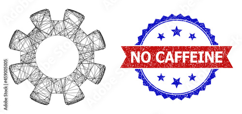 Mesh net gearwheel framework icon, and bicolor unclean No Caffeine seal. Flat mesh created from gearwheel icon and crossed lines. Vector imprint with unclean bicolored style,