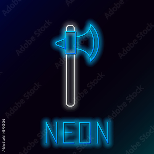 Glowing neon line Medieval axe icon isolated on black background. Battle axe, executioner axe. Colorful outline concept. Vector