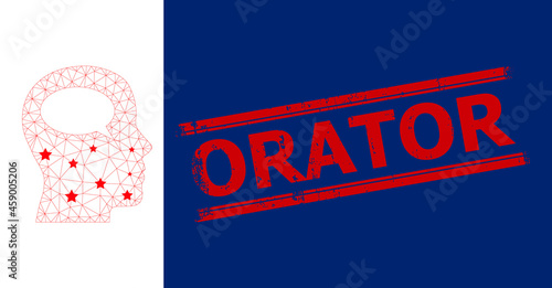 Mesh thinking polygonal icon vector illustration, and red ORATOR rubber stamp print. Carcass model is created from thinking flat icon, with stars and polygonal net.