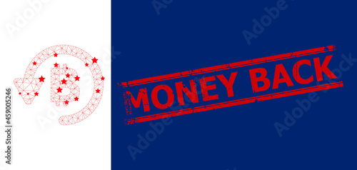 Mesh bitcoin refund polygonal icon vector illustration, and red MONEY BACK corroded seal. Carcass model is based on bitcoin refund flat icon, with stars and triangle mesh.