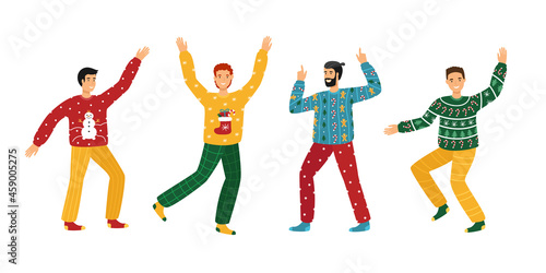 Ugly Christmas Sweater Party. Young men in Christmas sweaters are dance