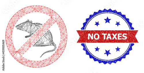 Network stop rat carcass icon, and bicolor scratched No Taxes seal stamp. Flat structure created from stop rat icon and intersected lines. Vector seal with scratched bicolored style,