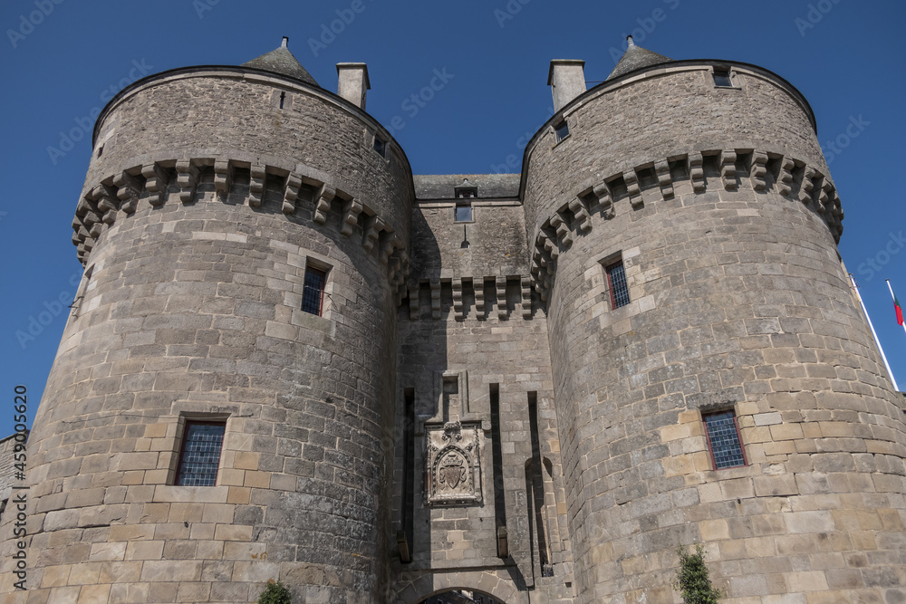 Main entrance - St. Michael Gate, dating from XV century. Saint-Michel Gate - most emblematic historical monument of medieval Guerande city. Guerande, Loire-Atlantique, Pays de la Loire, France.