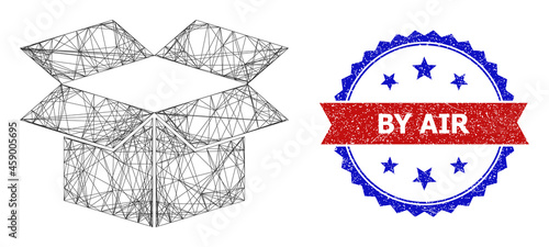 Crossing mesh carton box frame icon, and bicolor unclean By Air seal stamp. Flat structure created from carton box symbol and crossed lines. Vector seal with unclean bicolored style,