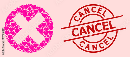 Grunge Cancel stamp seal, and pink love heart mosaic for cancel sign. Red round stamp seal includes Cancel text inside circle. Cancel sign mosaic is organized from pink amour icons.