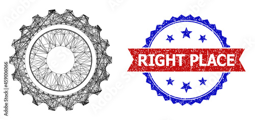 Mesh net gearwheel framework icon  and bicolor textured Right Place seal stamp. Flat framework created from gearwheel icon and crossed lines. Vector watermark with corroded bicolored style 