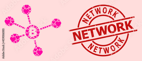 Rubber Network stamp seal, and pink love heart mosaic for bitcoin links. Red round seal has Network text inside circle. Bitcoin links mosaic is designed of pink wedding icons.