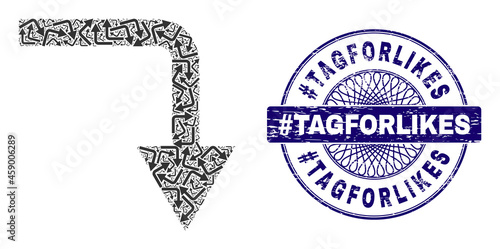 Recursive collage turn down and #Tagforlikes round unclean stamp print. Blue stamp seal includes #Tagforlikes tag inside circle and guilloche pattern.