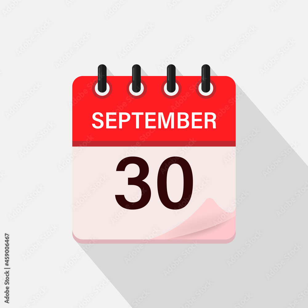 September 30, Calendar icon with shadow. Day, month. Flat vector illustration.