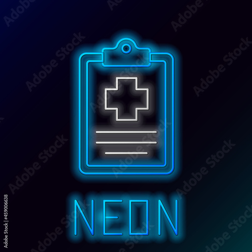 Glowing neon line Medical clipboard with clinical record icon isolated on black background. Prescription, medical check marks report. Colorful outline concept. Vector