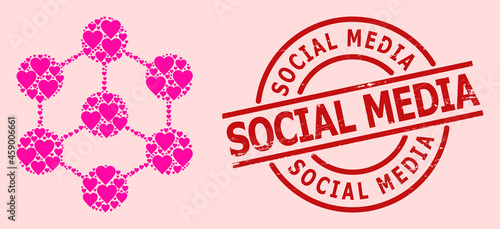 Rubber Social Media seal, and pink love heart mosaic for blockchain nodes. Red round stamp seal includes Social Media title inside circle.