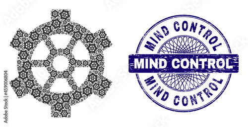 Recursive collage gear and Mind Control round corroded stamp. Violet seal includes Mind Control tag inside circle and guilloche ornament. Vector collage is created of random rotated gear parts.