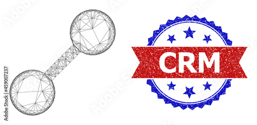 Network relation carcass icon, and bicolor unclean Crm seal stamp. Flat mesh created from relation icon and crossing lines. Vector seal with unclean bicolored style,