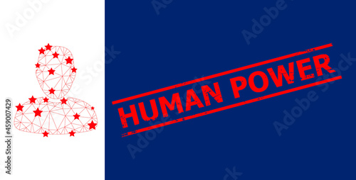 Mesh user polygonal icon vector illustration, and red HUMAN POWER grunge stamp imitation. Carcass model is based on user flat icon, with stars and triangular mesh.