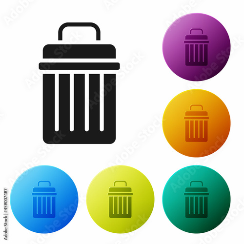 Black Trash can icon isolated on white background. Garbage bin sign. Recycle basket icon. Office trash icon. Set icons in color circle buttons. Vector Illustration
