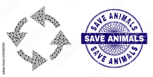 Fractal combination recycle and Save Animals round unclean stamp seal. Blue stamp seal includes Save Animals title inside circle and guilloche structure.