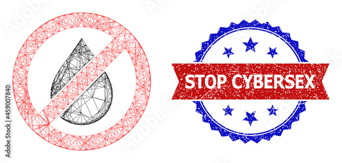Net stop oil carcass icon, and bicolor grunge Stop Cybersex seal stamp. Flat framework created from stop oil symbol and crossed lines. Vector watermark with grunge bicolored style,