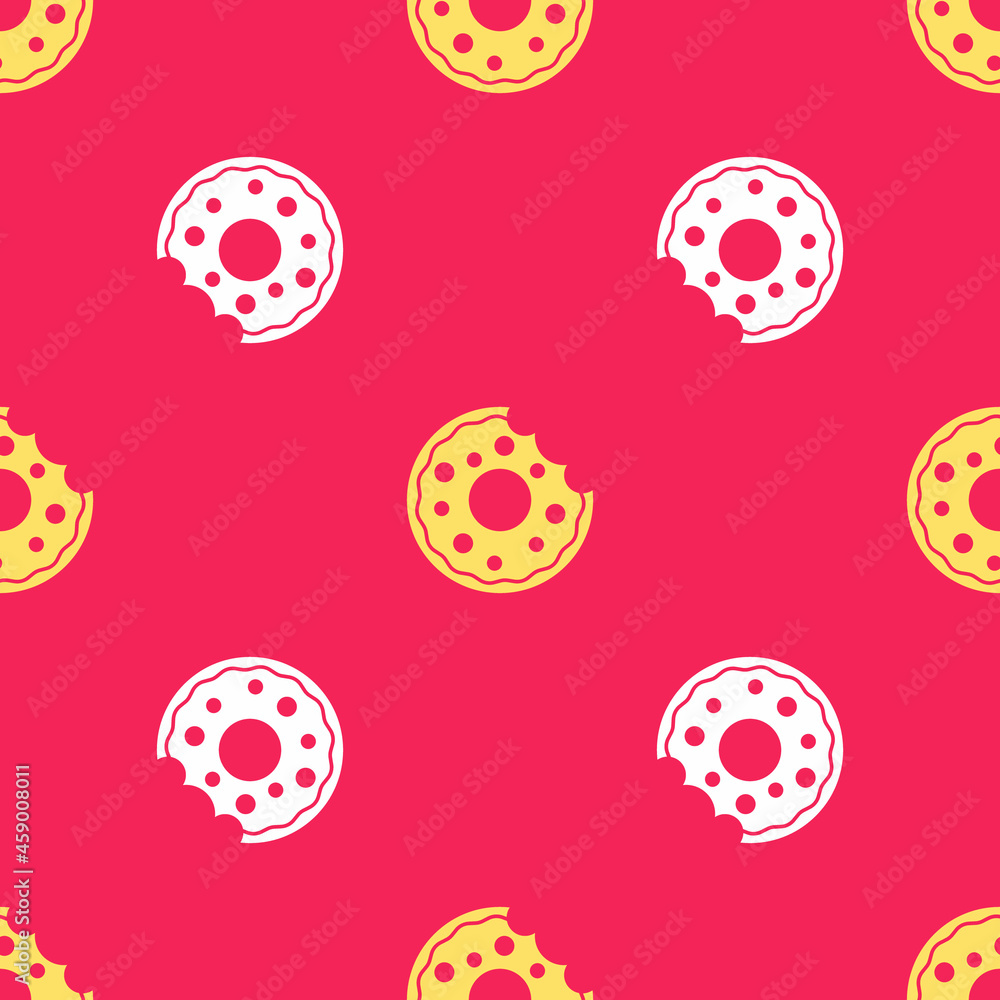 Yellow Donut with sweet glaze icon isolated seamless pattern on red background. Vector Yellow Donut with sweet glaze icon isolated seamless pattern on red background. Vector