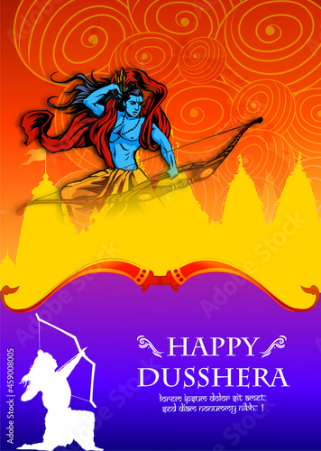 Greeting card of happy dusshera with bow and illustration of Lord Rama killing Ravana in Navratri festival of India happy Vijayadashami . Vector illustration.