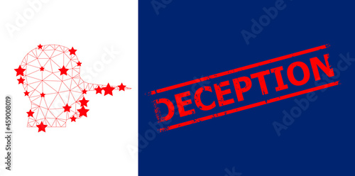 Mesh liar person polygonal icon vector illustration, and red DECEPTION dirty badge. Model is based on liar person flat icon, with stars and polygonal net. DECEPTION phrase is between parallel lines.
