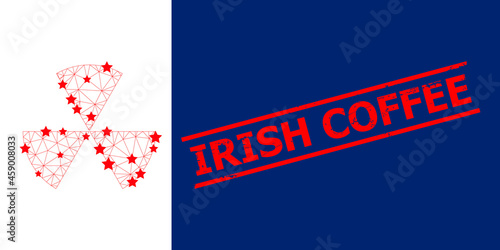 Mesh circle sectors polygonal icon vector illustration, and red IRISH COFFEE grunge rubber print. Abstraction is created from circle sectors flat icon, with stars and triangular mesh.