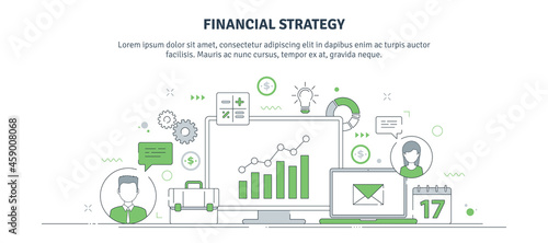 Modern thin line design for financial strategy website banner. Vector illustration concept for business strategy analysis, financial data analysis,  financial business, business communication.